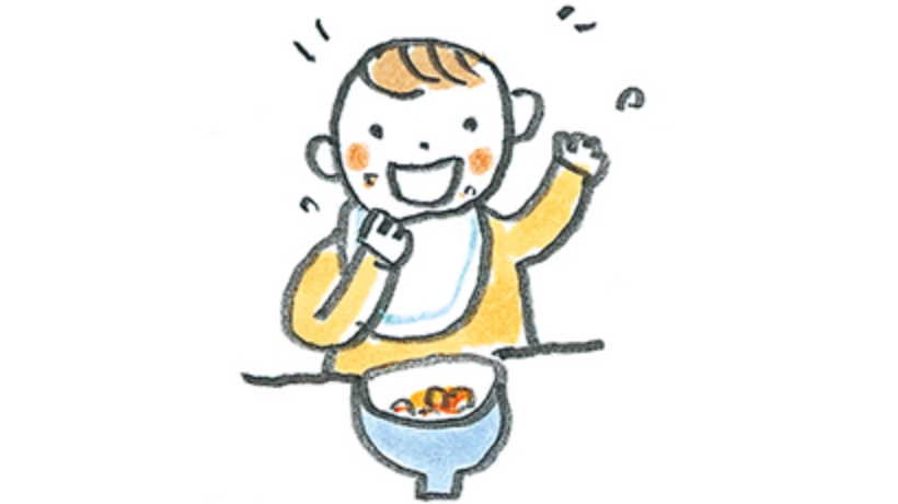 手づかみ食べを十分にさせ、食具を使いたがれば持たせてあげて